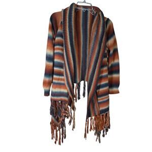 Earthbound Trading Co Womens Medium Multi-Color Striped Open Cardigan w/ Fringe